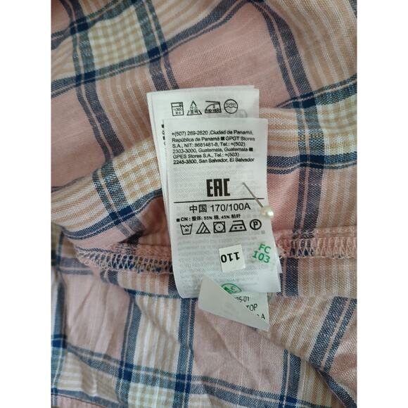 GAP Plaid Gathered Blouse Puff Sleeve Pink Blue White Button Front Top Large - Picture 11 of 12